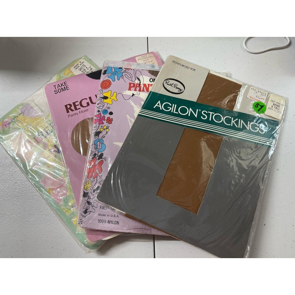 Vintage Variety Pantyhose & Thigh Stockings Lot, Black, Tan, White (4 Pairs)